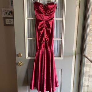 Xscape Strapless Red Satin Mermaid Gown